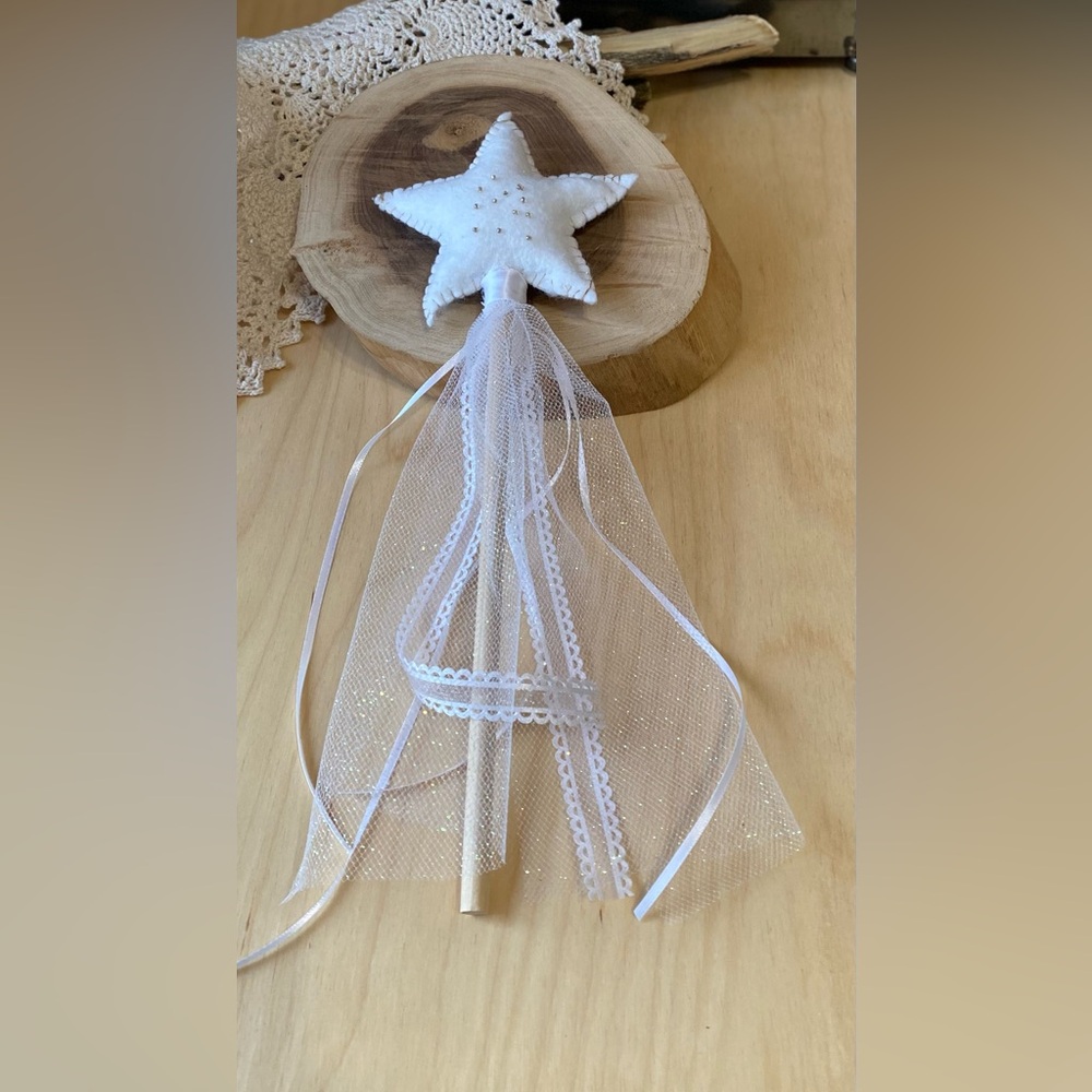 Felt Star Wand White Lace and Tulle Whimsical Fairy and Cottage-core decor